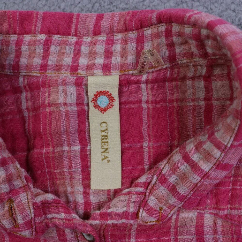 Cyrena Top Womens Small Pink Colorful Plaid Floral Button Long Sleeve Boho - Picture 6 of 8
